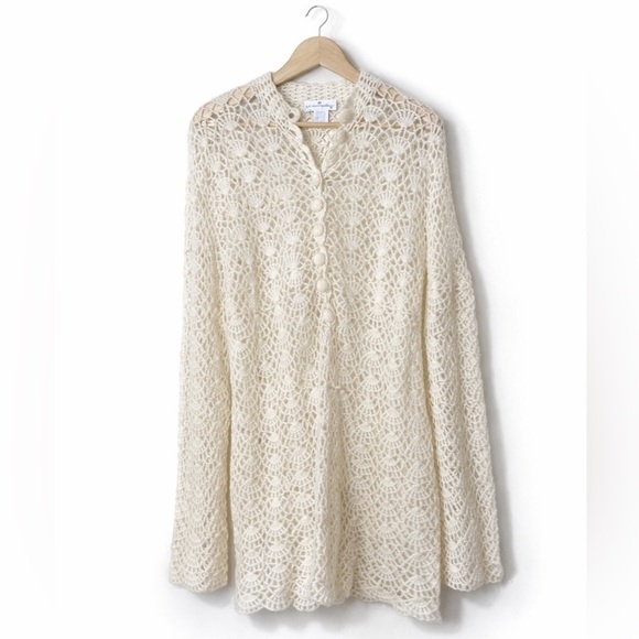 Soft Surroundings Tops - Soft Surroundings Ivory White Open Crochet Knit Scallop Button Tunic Top Sweater